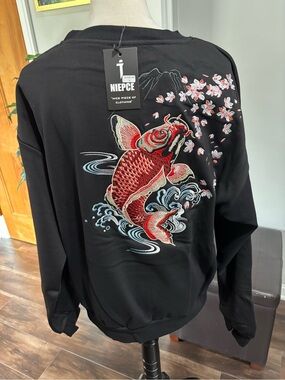 Niepce Japanese Embroidered Koi & Cherry Blossom Black Sweatshirt New